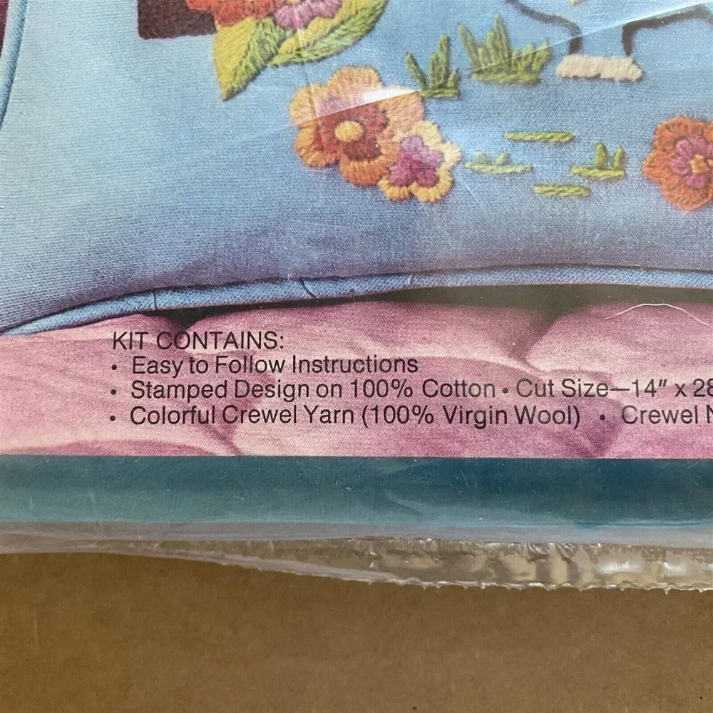 Vintage Avon Needlecraft Kit Blue Moo Pillow Crewel Embroidery Farmhouse Boho